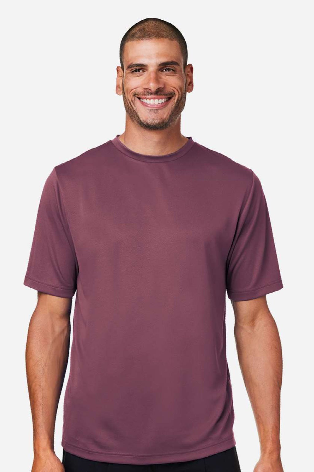 Team 365 TT15 Mens Zone Performance Mesh Short Sleeve Crewneck T-Shirt Dark Maroon Model Front
