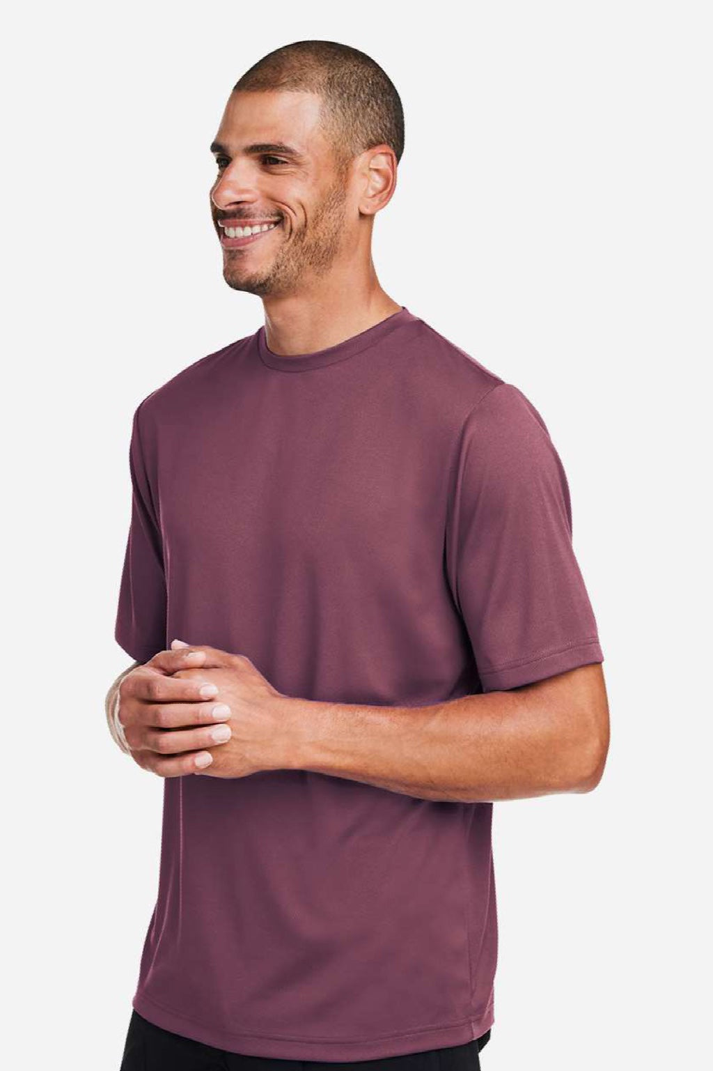 Team 365 TT15 Mens Zone Performance Mesh Short Sleeve Crewneck T-Shirt Dark Maroon Model Side