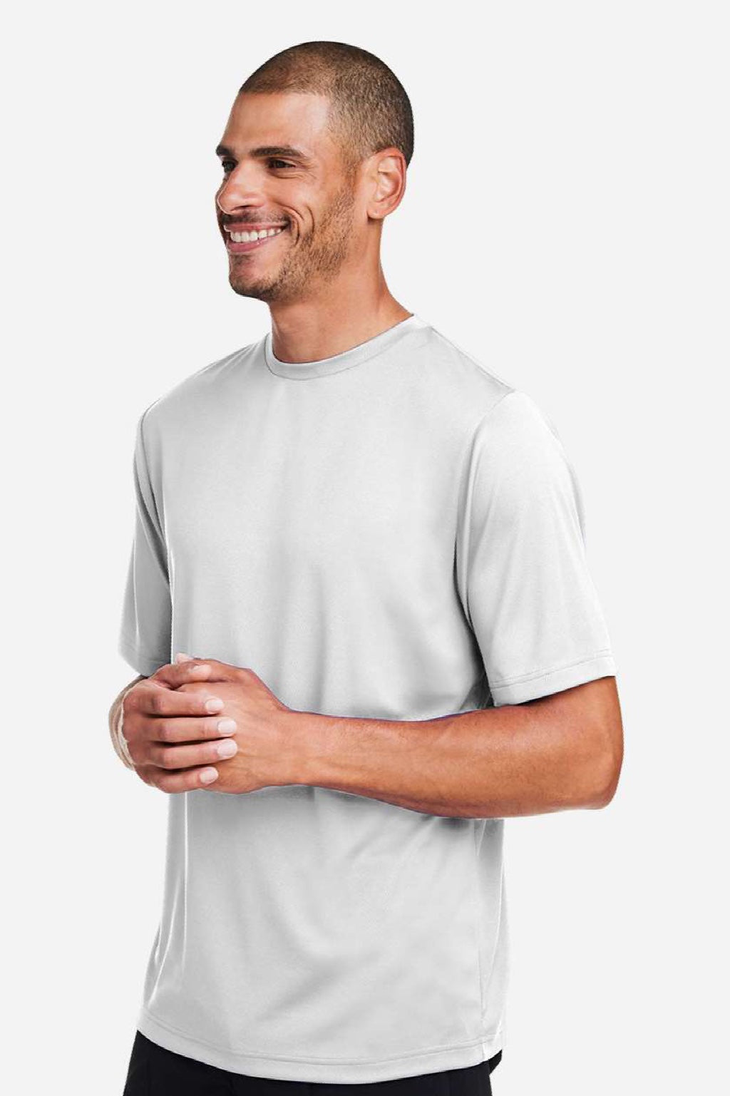 Team 365 TT15 Mens Zone Performance Mesh Moisture Wicking Short Sleeve Crewneck T-Shirt Silver Grey Model Side