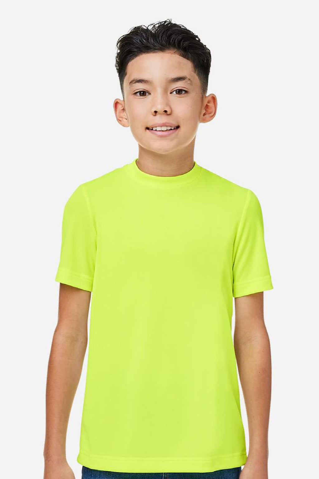 Team 365 TT15Y Youth Zone Performance Mesh Moisture Wicking Short Sleeve Crewneck T-Shirt Safety Yellow Model Front