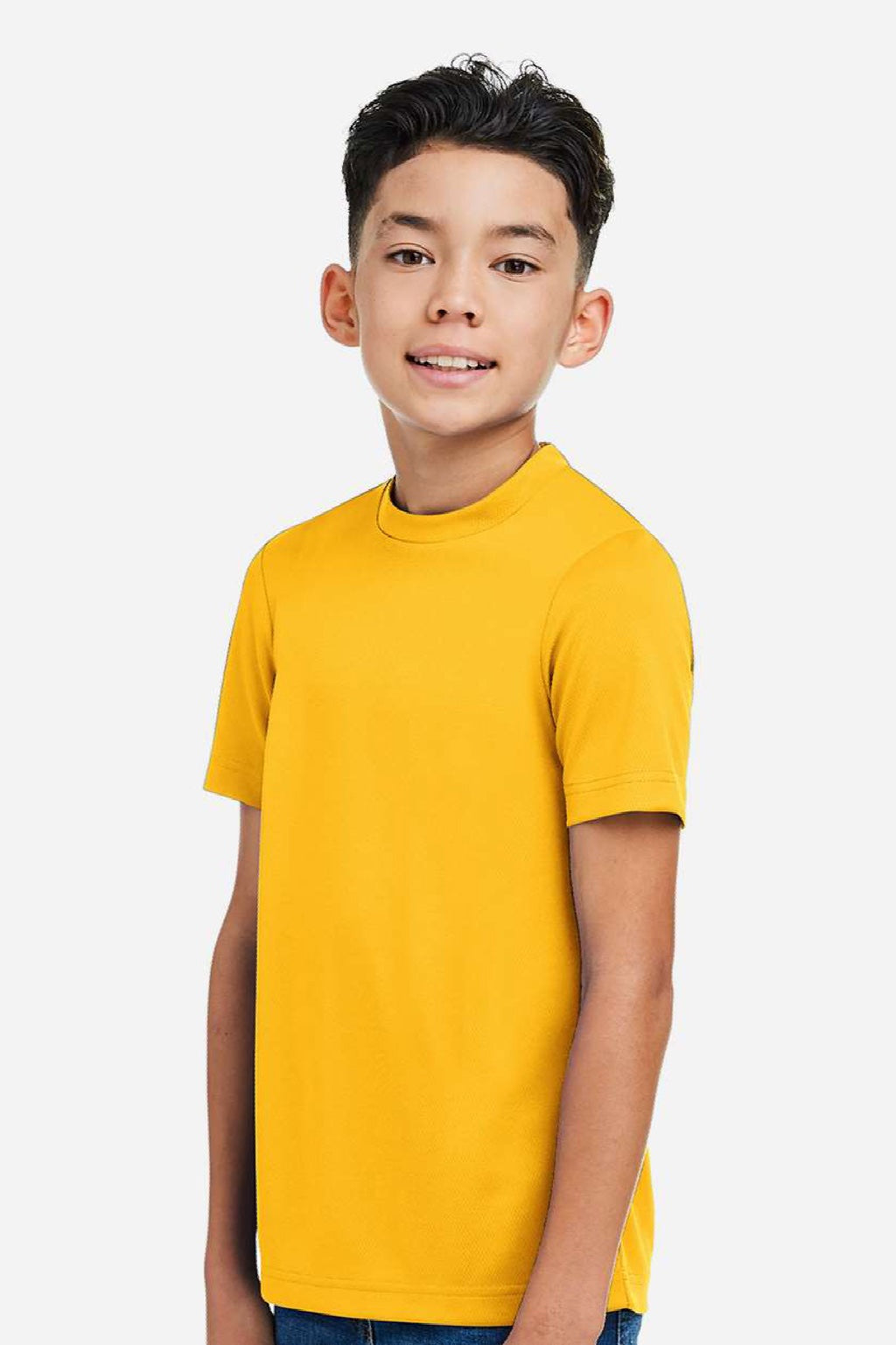 Team 365 TT15Y Youth Zone Performance Mesh Short Sleeve Crewneck T-Shirt Athletic Gold Model Side