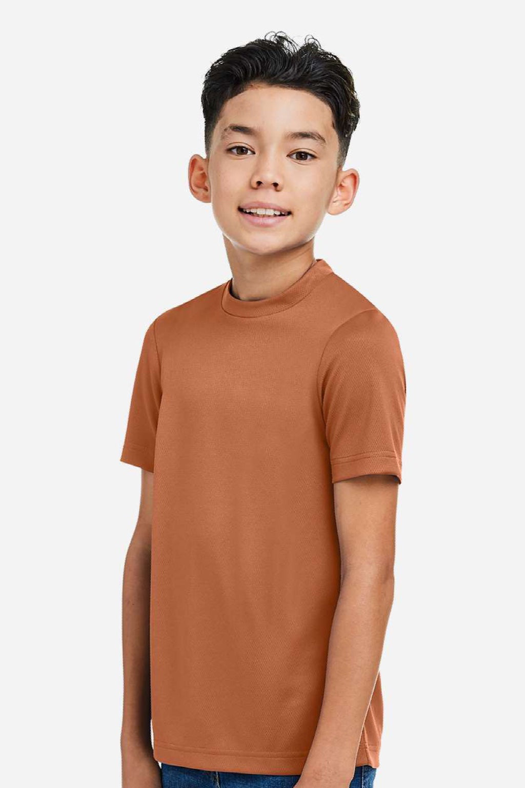 Team 365 TT15Y Youth Zone Performance Mesh Short Sleeve Crewneck T-Shirt Burnt Orange Model Side