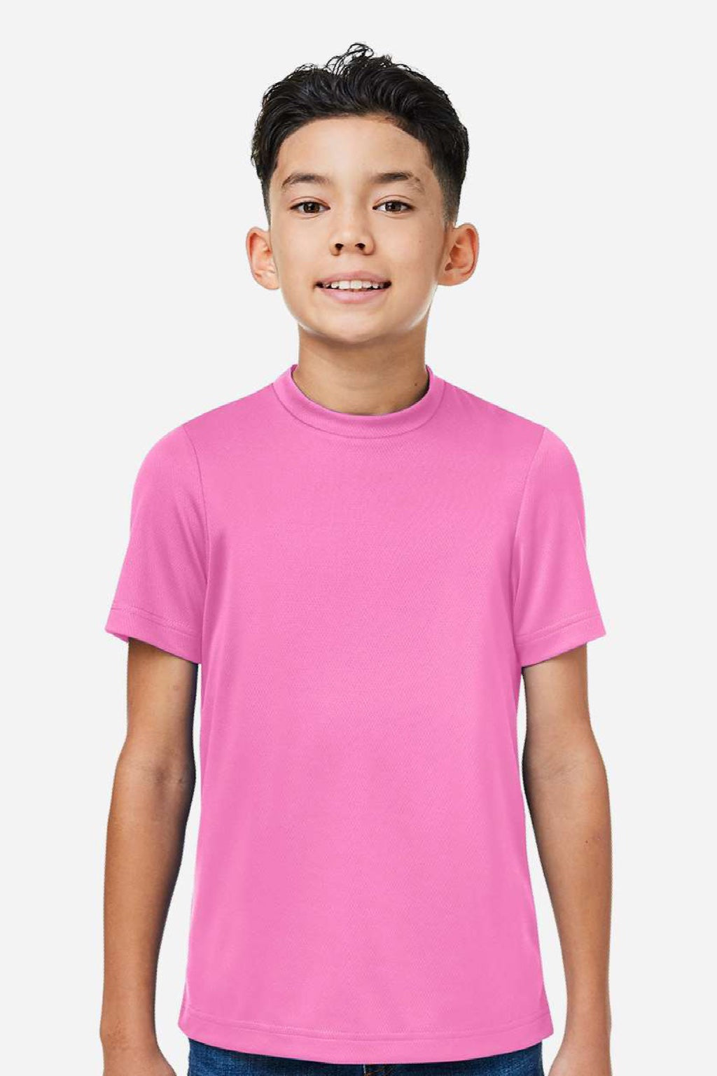 Team 365 TT15Y Youth Zone Performance Mesh Short Sleeve Crewneck T-Shirt Charity Pink Model Front