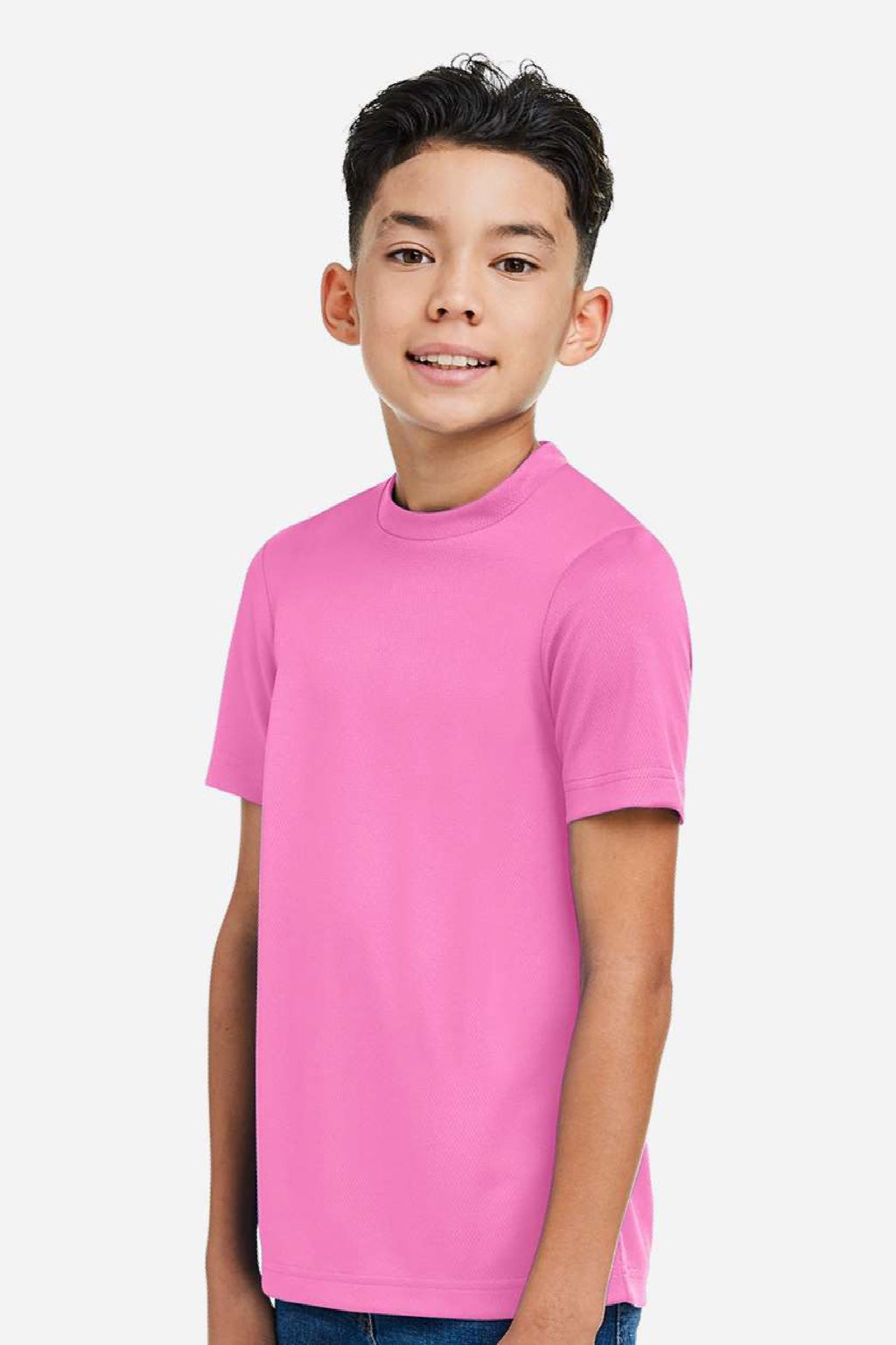 Team 365 TT15Y Youth Zone Performance Mesh Short Sleeve Crewneck T-Shirt Charity Pink Model Side