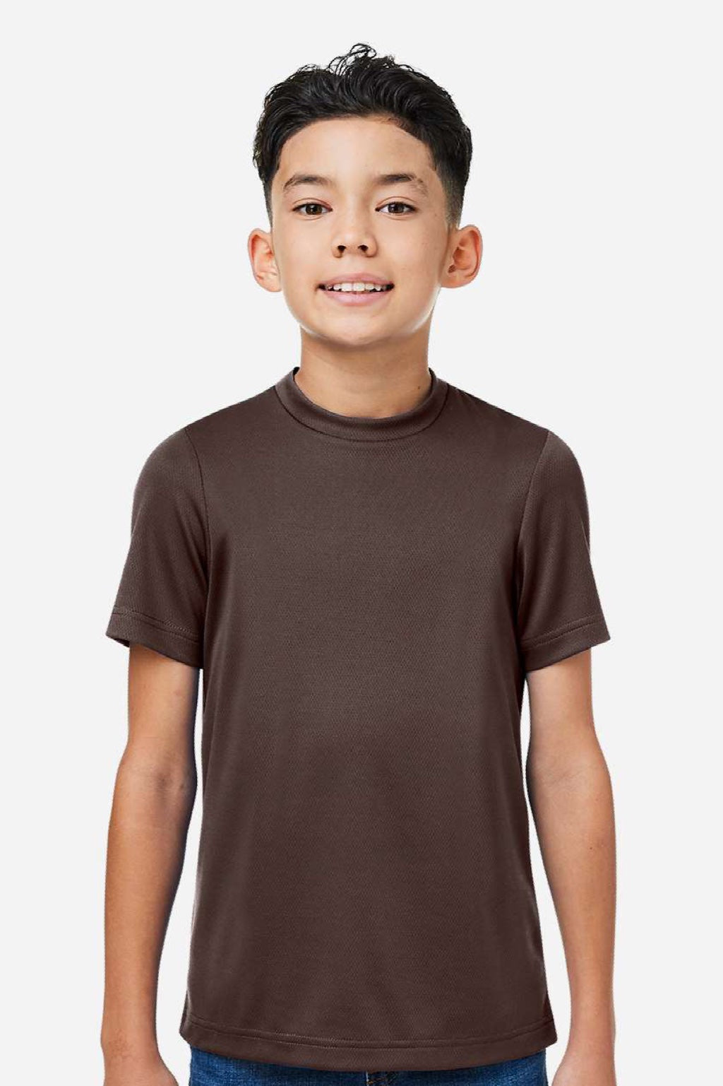 Team 365 TT15Y Youth Zone Performance Mesh Short Sleeve Crewneck T-Shirt Dark Brown Model Front