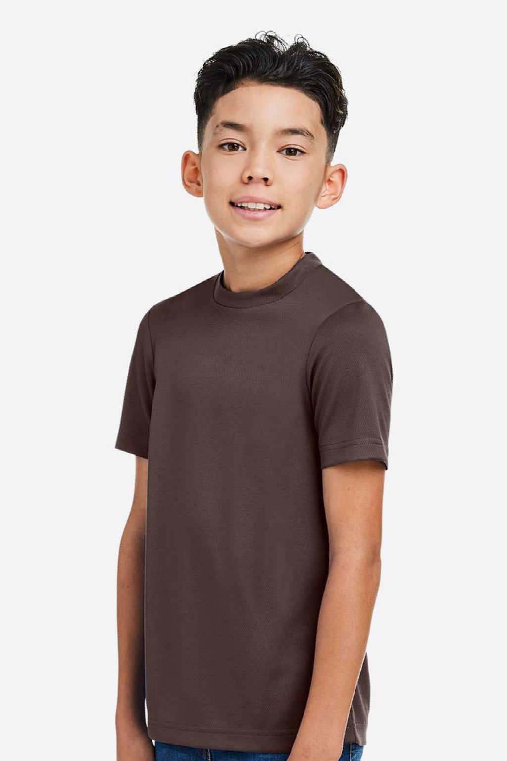 Team 365 TT15Y Youth Zone Performance Mesh Short Sleeve Crewneck T-Shirt Dark Brown Model Side
