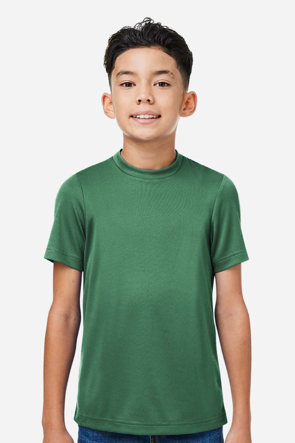 Team 365 TT15Y Youth Zone Performance Mesh Short Sleeve Crewneck T-Shirt Dark Green Model Front