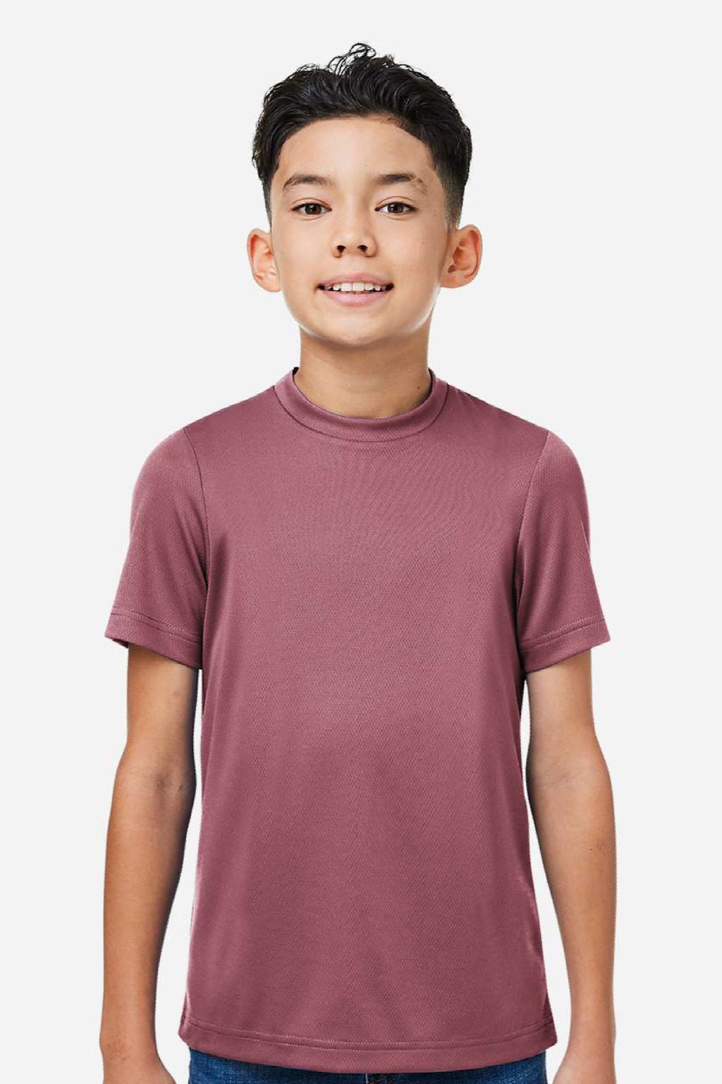 Team 365 TT15Y Youth Zone Performance Mesh Short Sleeve Crewneck T-Shirt Dark Maroon Model Front