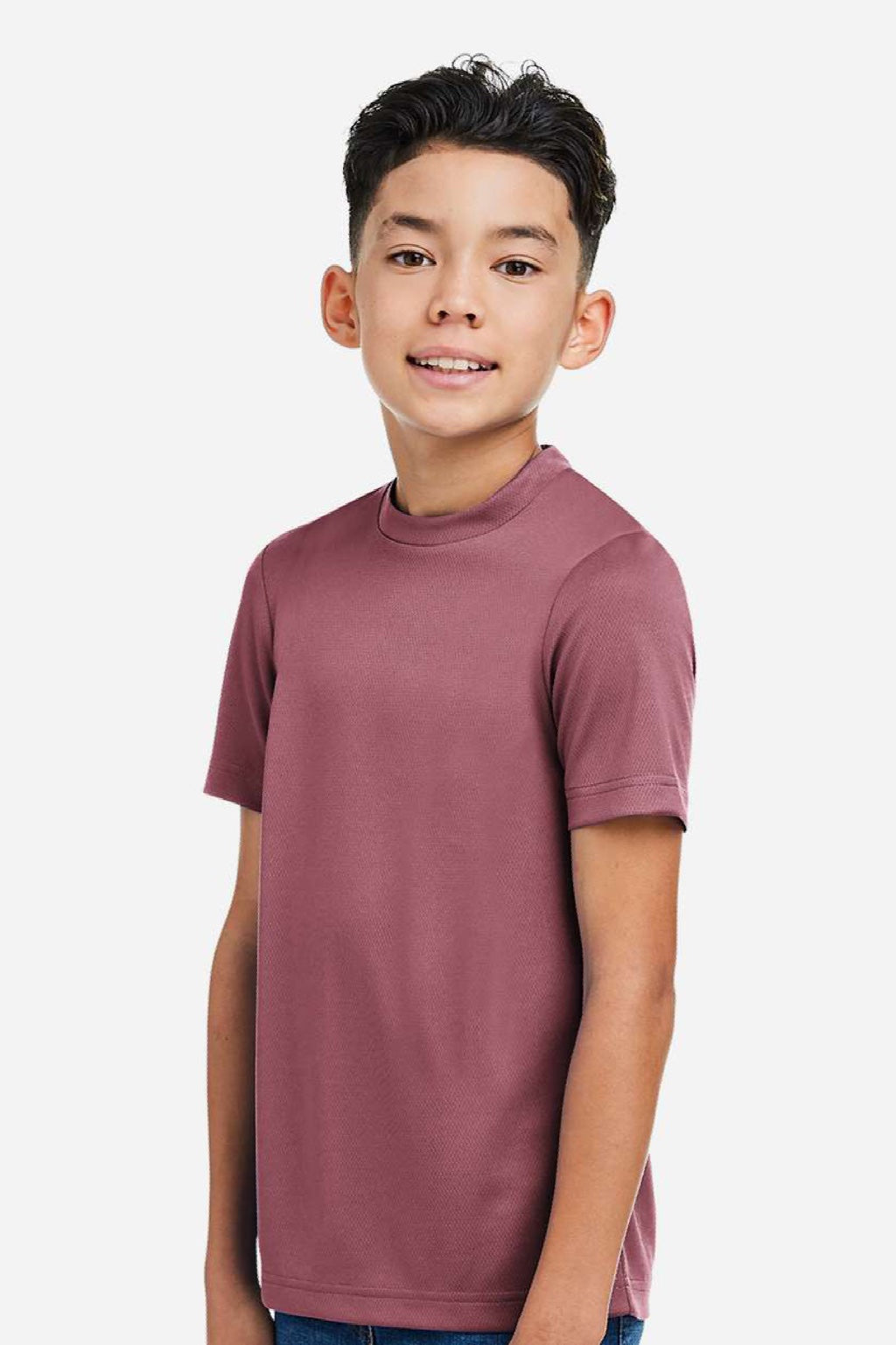 Team 365 TT15Y Youth Zone Performance Mesh Short Sleeve Crewneck T-Shirt Dark Maroon Model Side
