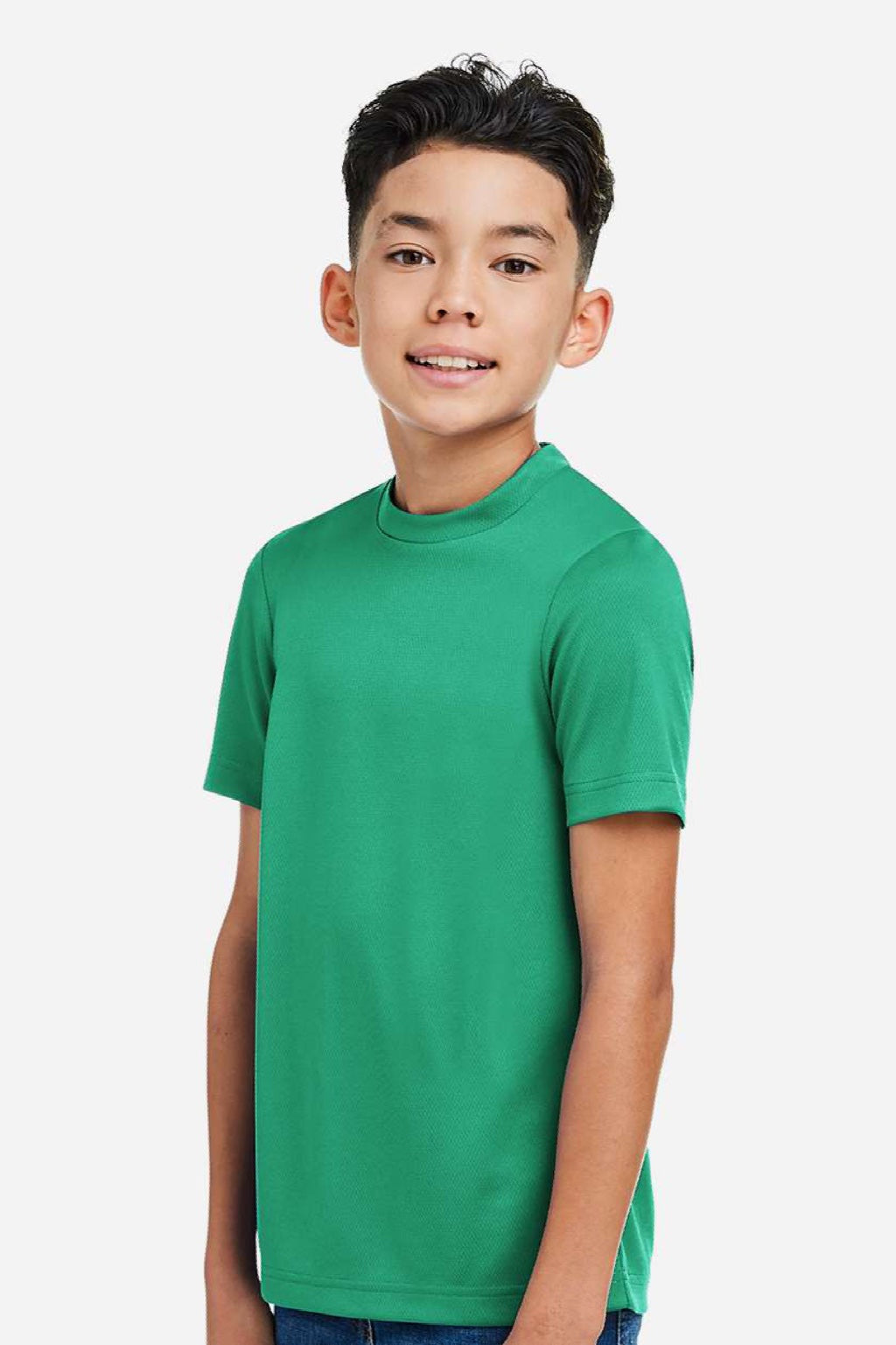Team 365 TT15Y Youth Zone Performance Mesh Short Sleeve Crewneck T-Shirt Kelly Green Model Side
