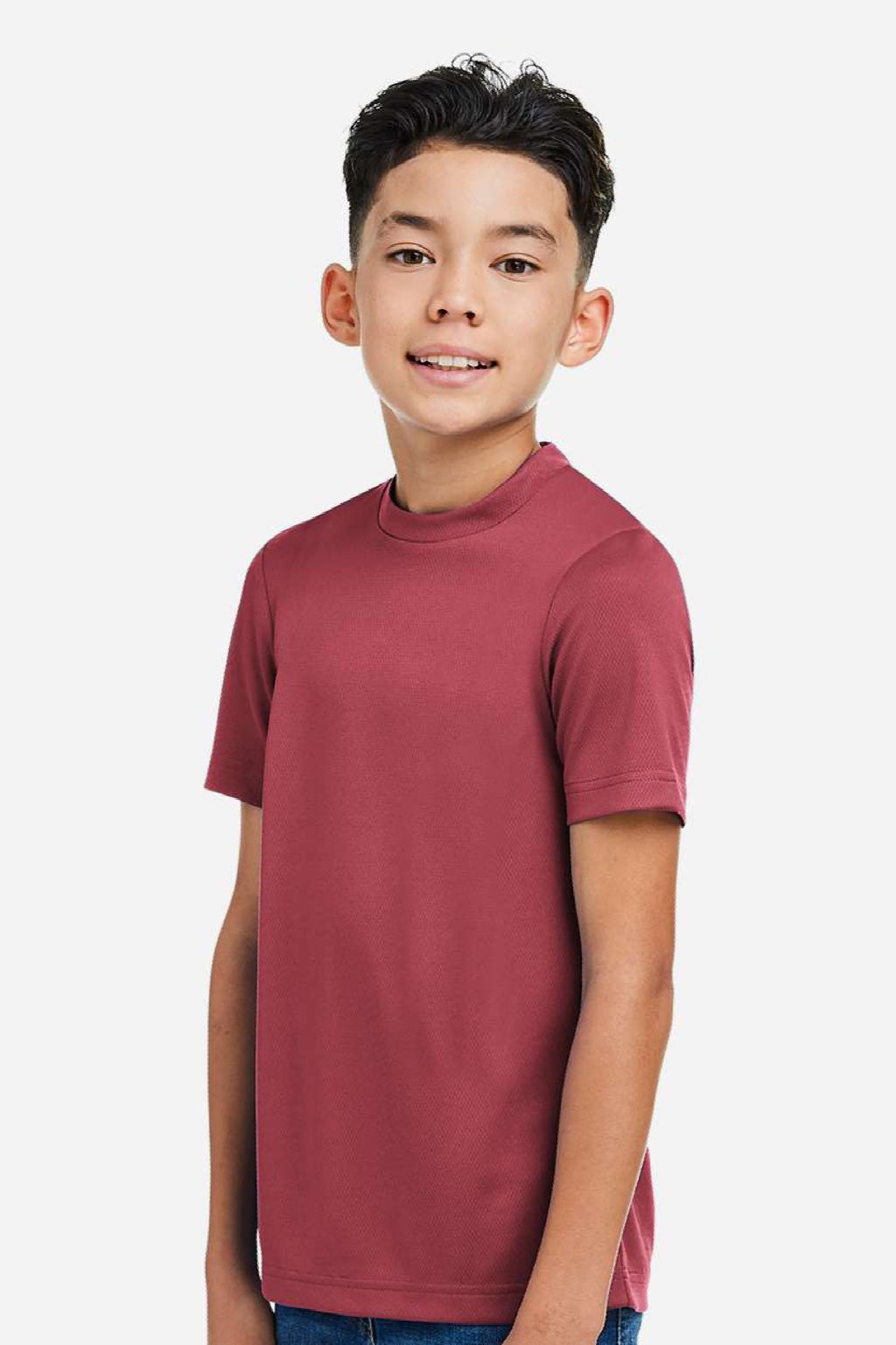 Team 365 TT15Y Youth Zone Performance Mesh Short Sleeve Crewneck T-Shirt Maroon Model Side