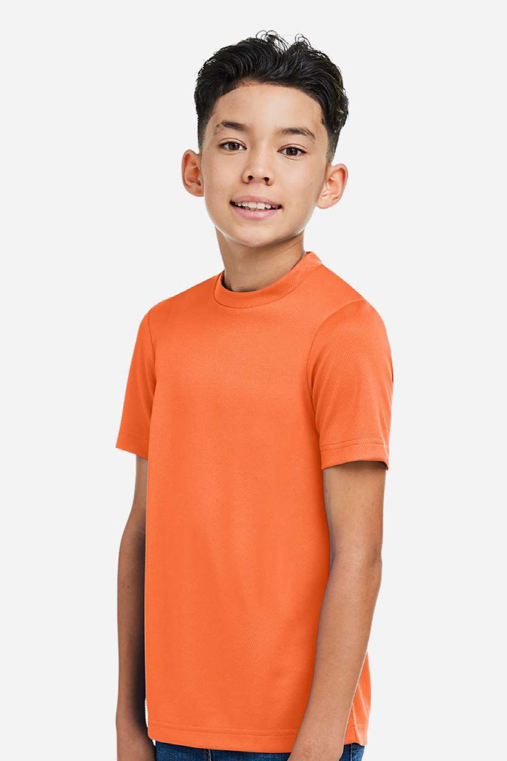 Team 365 TT15Y Youth Zone Performance Mesh Short Sleeve Crewneck T-Shirt Orange Model Side