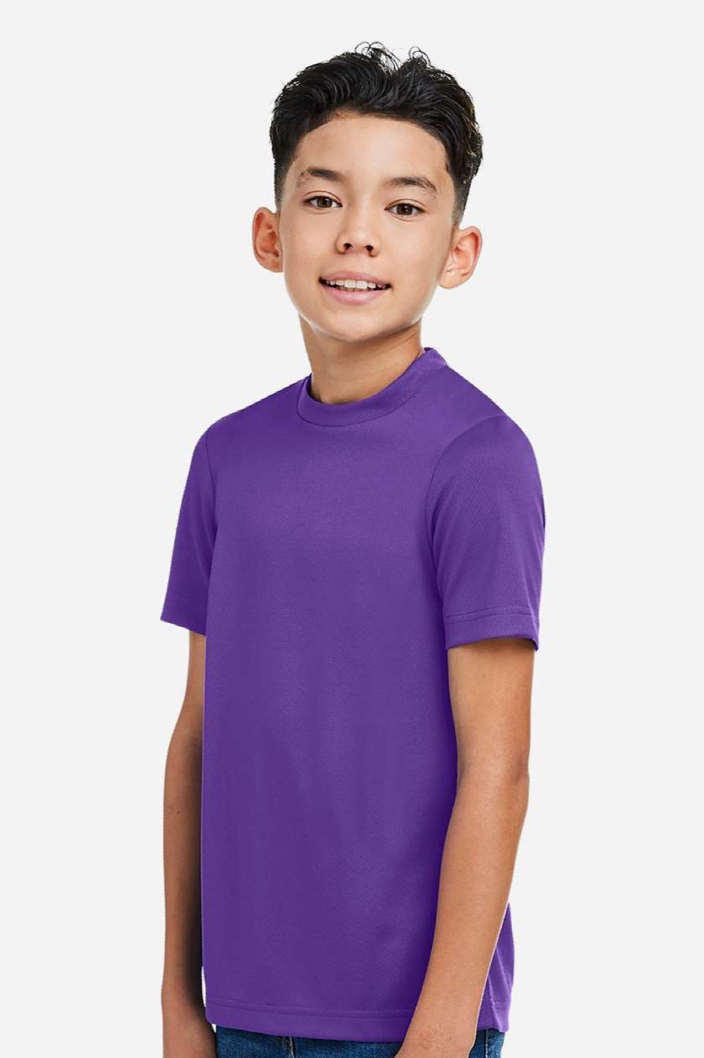 Team 365 TT15Y Youth Zone Performance Mesh Short Sleeve Crewneck T-Shirt Purple Model Side