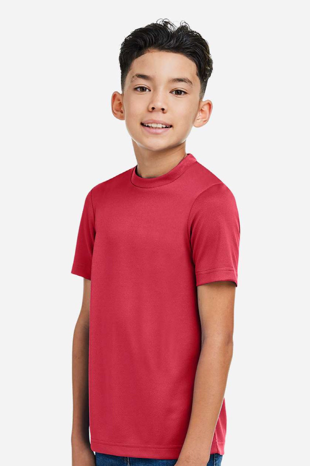 Team 365 TT15Y Youth Zone Performance Mesh Short Sleeve Crewneck T-Shirt Scarlet Red Model Side