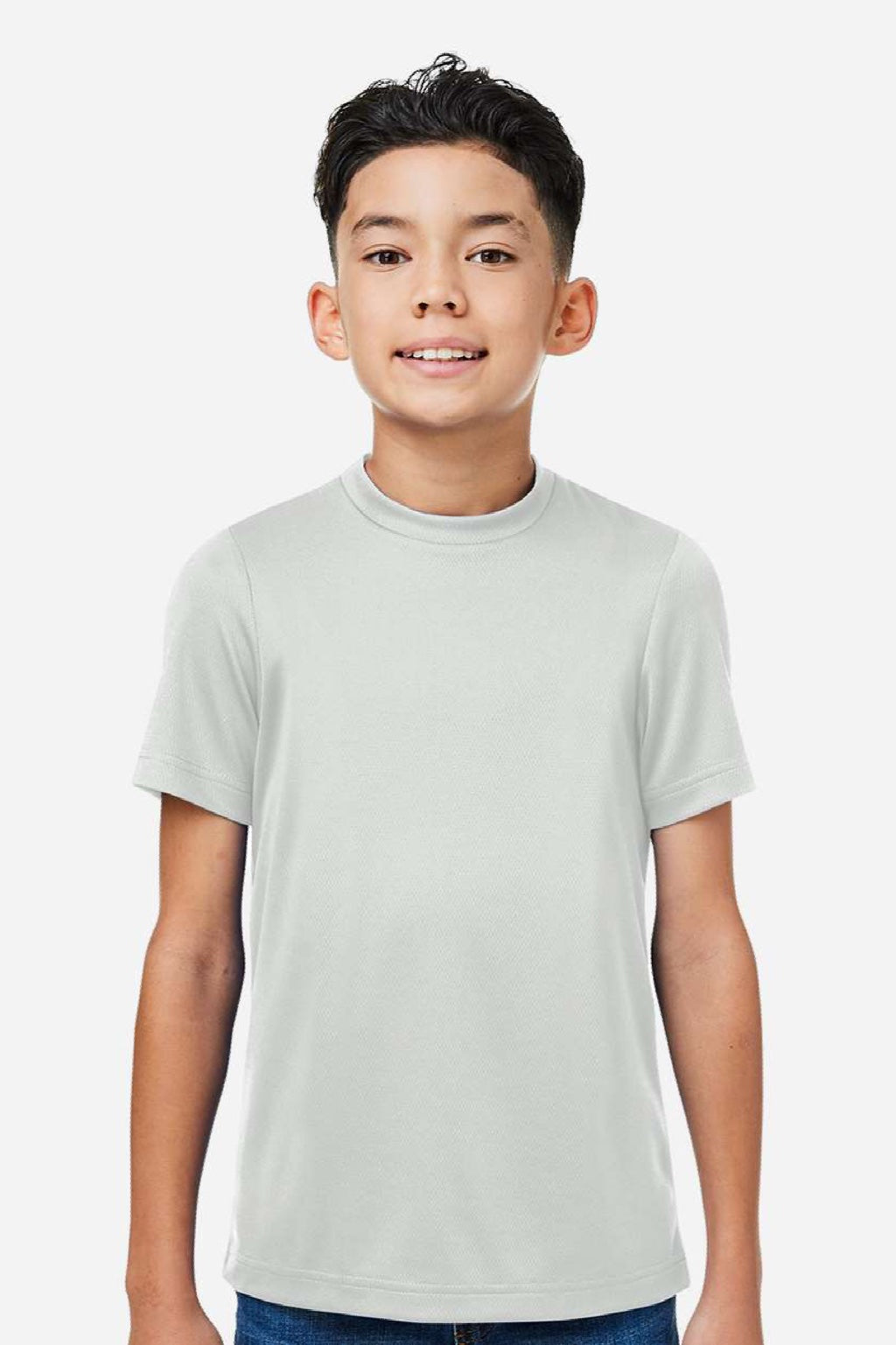 Team 365 TT15Y Youth Zone Performance Mesh Short Sleeve Crewneck T-Shirt Silver Grey Model Front