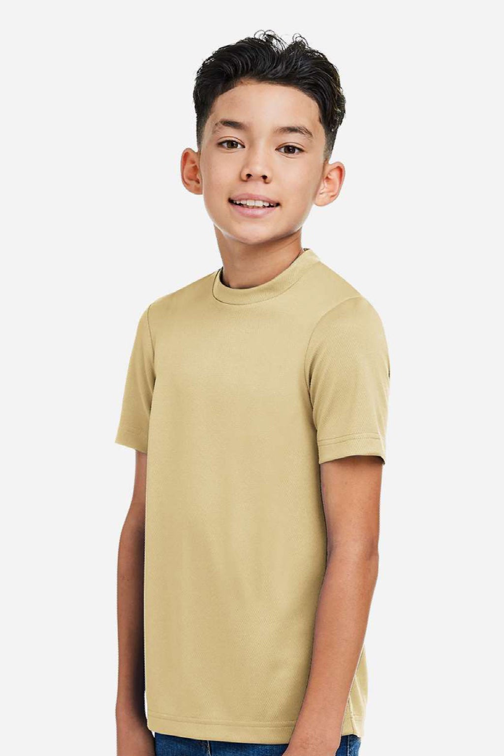 Team 365 TT15Y Youth Zone Performance Mesh Short Sleeve Crewneck T-Shirt Vegas Gold Model Side