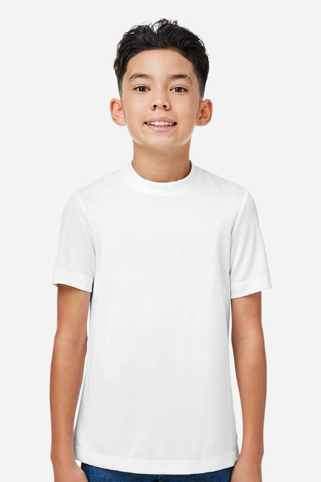 Team 365 TT15Y Youth Zone Performance Mesh Short Sleeve Crewneck T-Shirt White Model Front