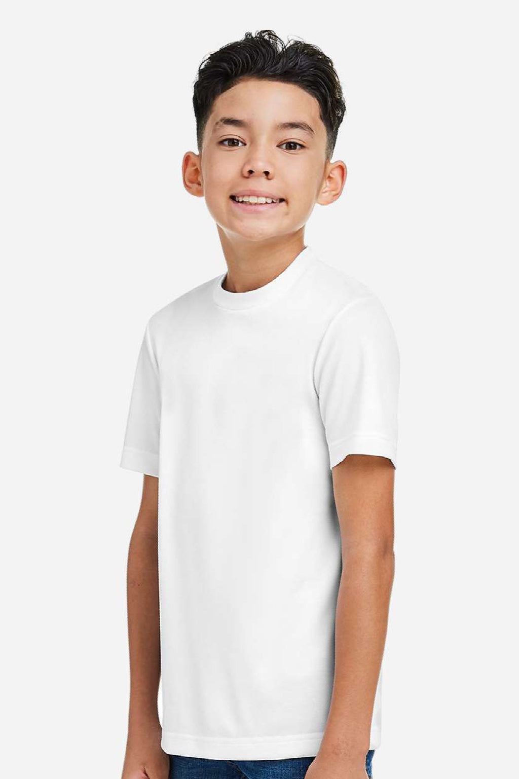 Team 365 TT15Y Youth Zone Performance Mesh Short Sleeve Crewneck T-Shirt White Model Side
