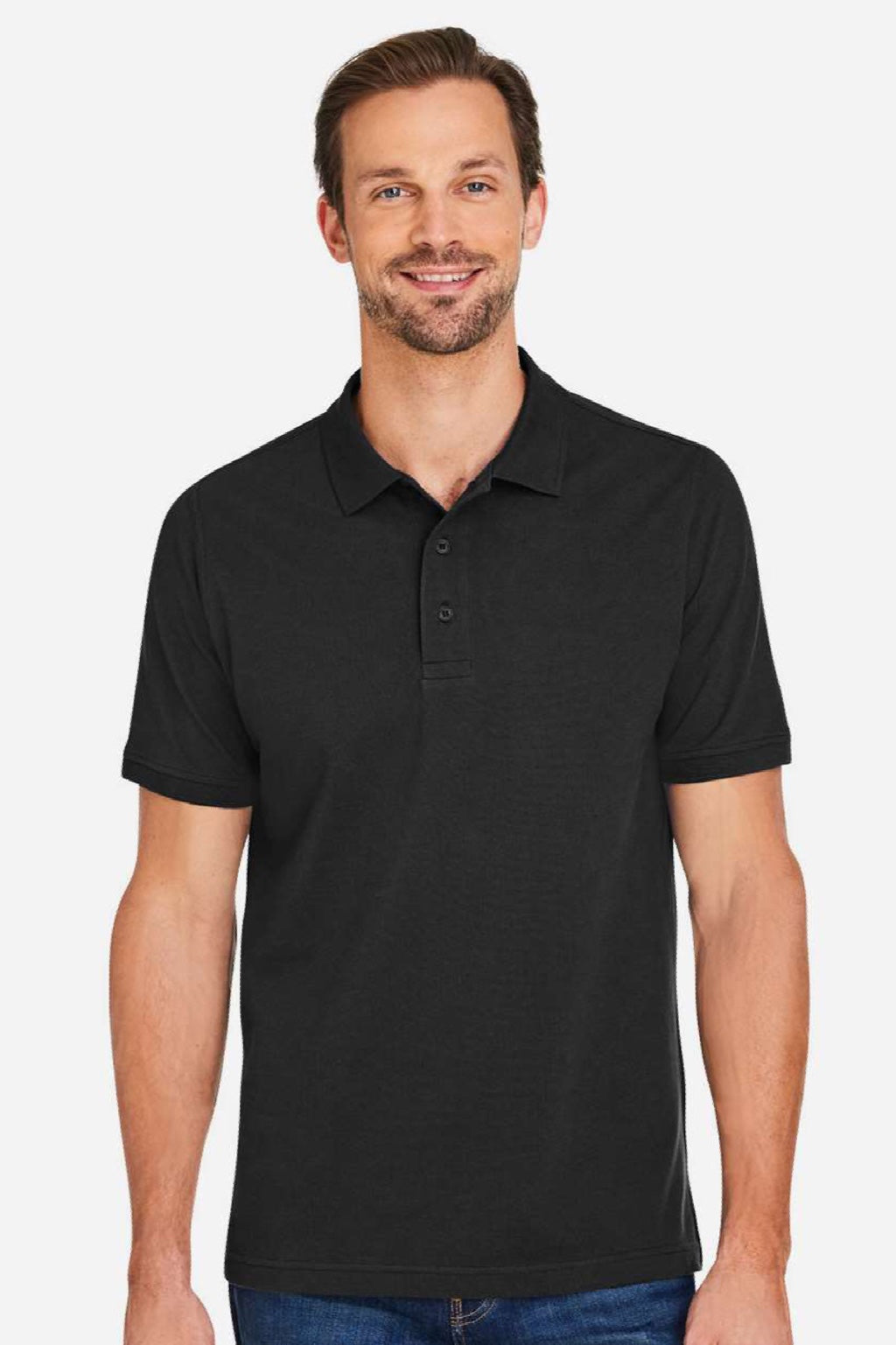 Harriton M205 Mens Valiant Snag Resistant Short Sleeve Polo Shirt Black Model Front
