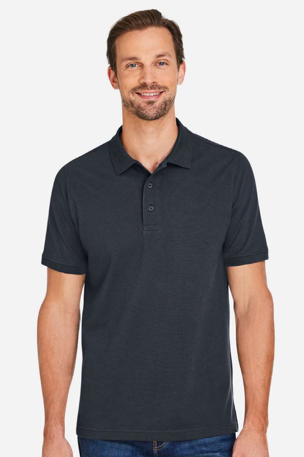 Harriton M205 Mens Valiant Snag Resistant Short Sleeve Polo Shirt Dark Charcoal Grey Model Front