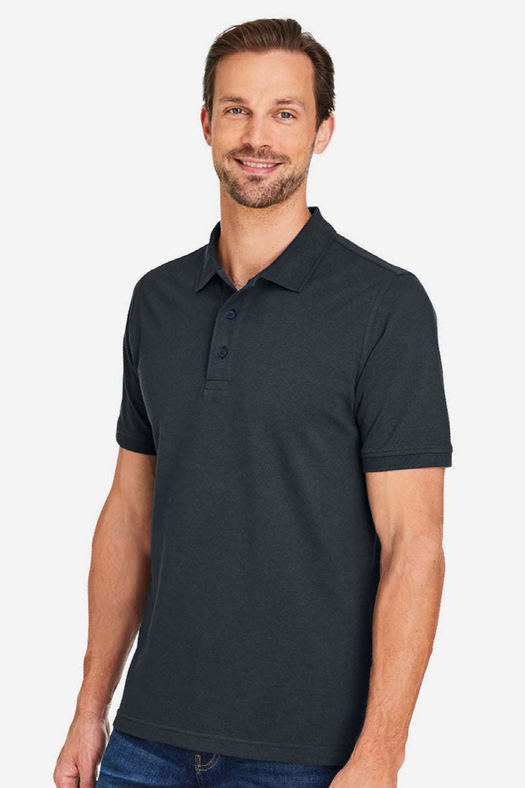 Harriton M205 Mens Valiant Snag Resistant Short Sleeve Polo Shirt Dark Charcoal Grey Model Side