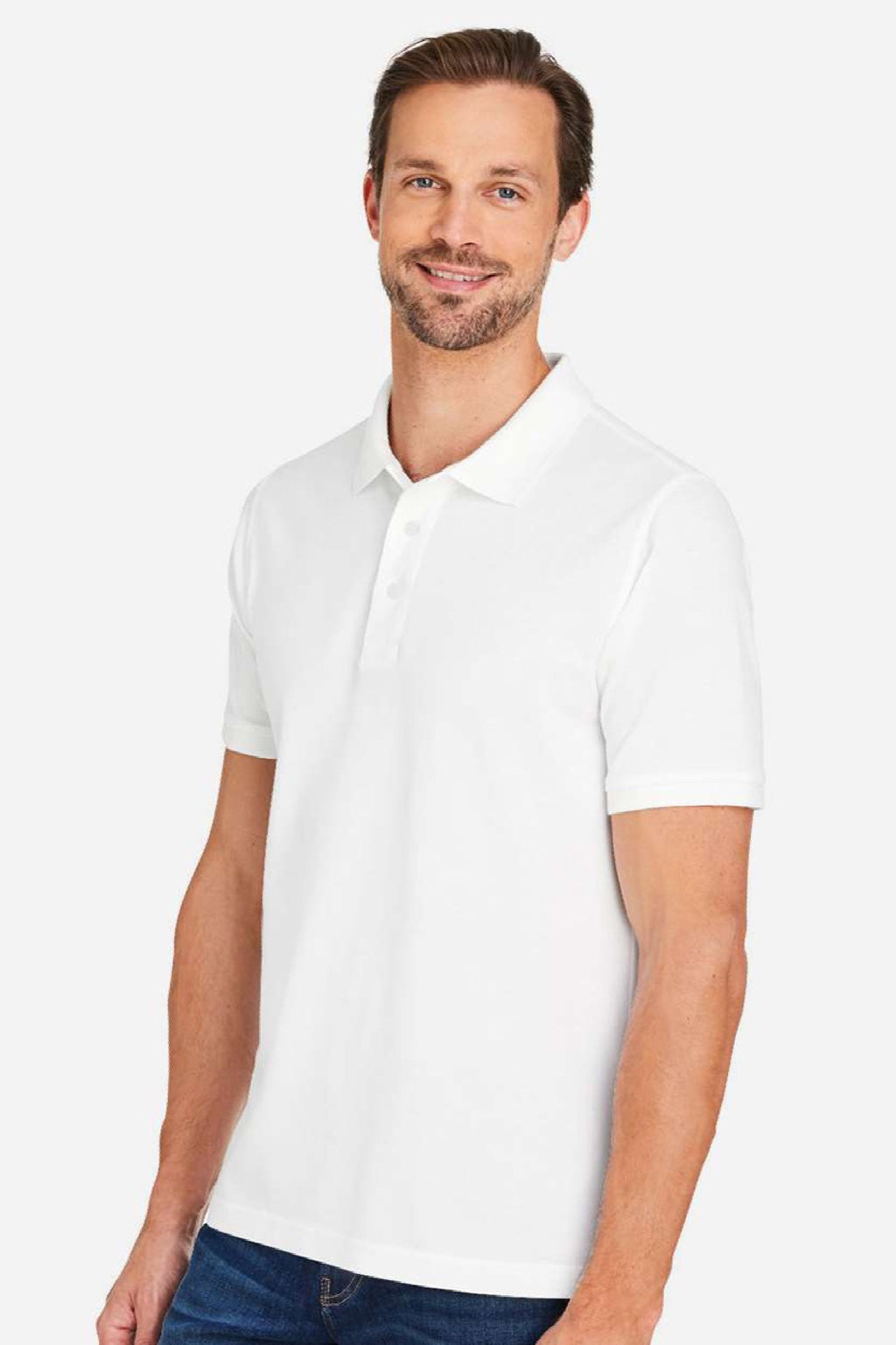 Harriton M205 Mens Valiant Snag Resistant Short Sleeve Polo Shirt White Model Side