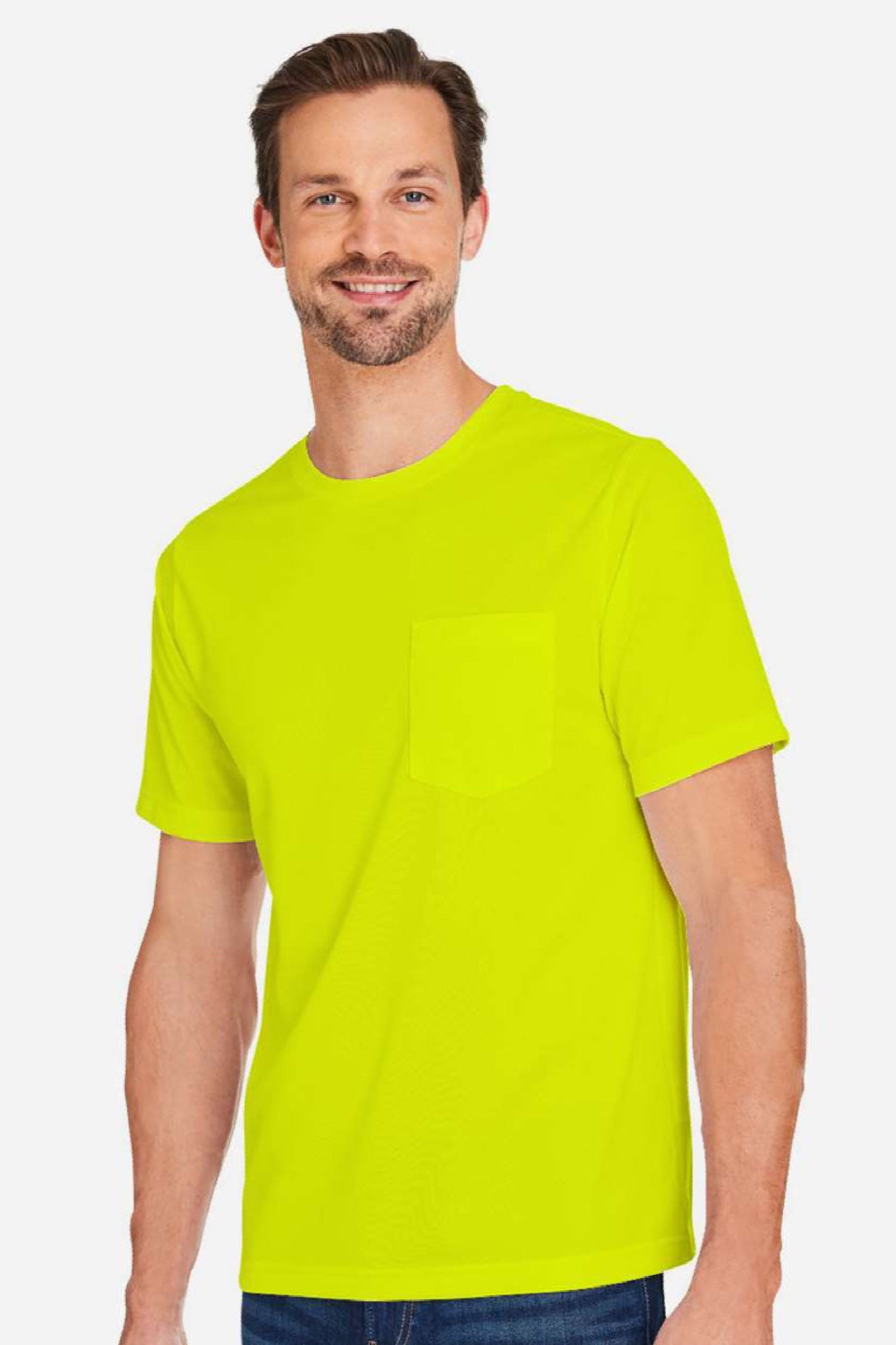 Harriton M118 Mens Charge Moisture Wicknig Short Sleeve Crewneck T-Shirt Safety Yellow Model Side