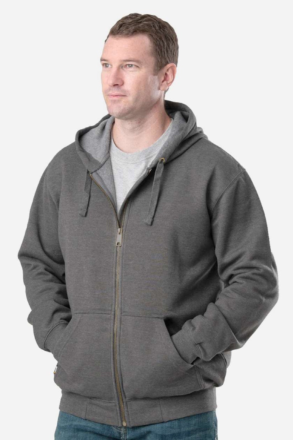 Berne SZ413 Mens Heritage Full Zip Hooded Sweatshirt Hoodie w/ Pockets Graphite Grey Model Side
