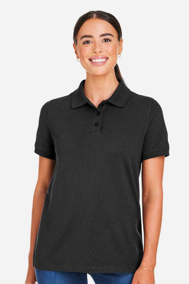 Harriton M205W Womens Valiant Snag Resistant Short Sleeve Polo Shirt Black Model Front