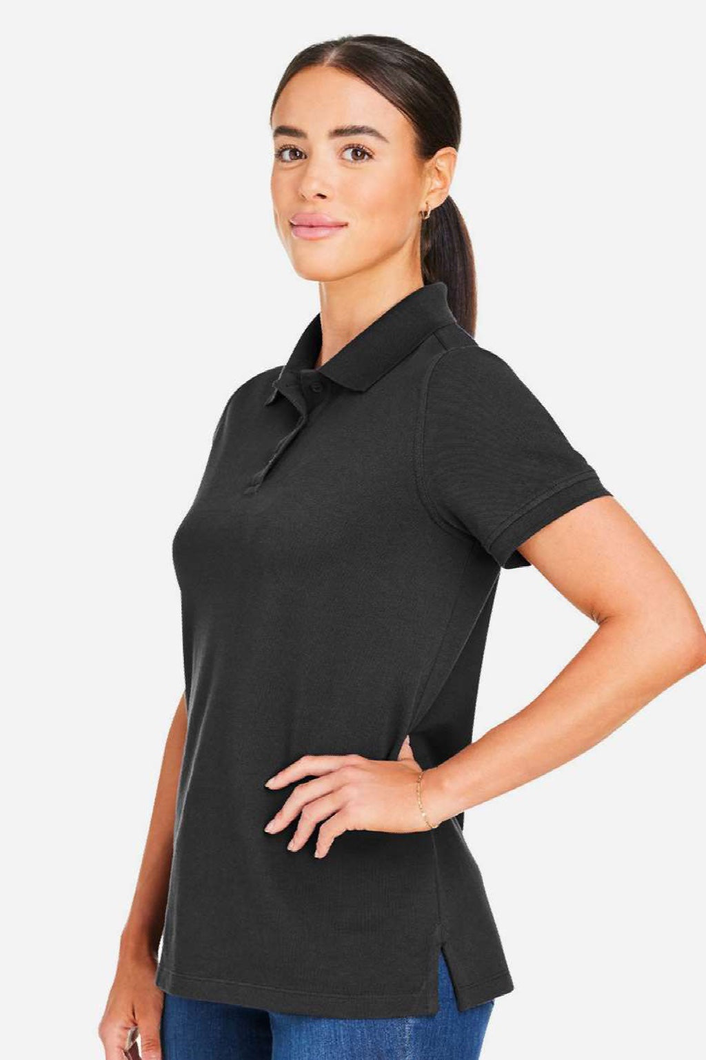 Harriton M205W Womens Valiant Snag Resistant Short Sleeve Polo Shirt Black Model Side