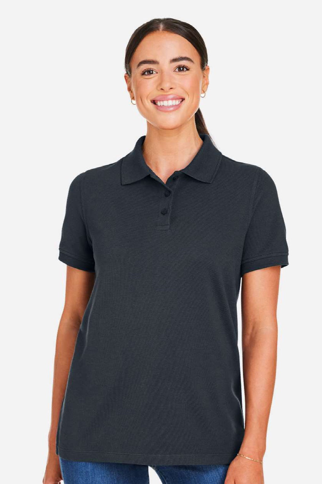 Harriton M205W Womens Valiant Snag Resistant Short Sleeve Polo Shirt Dark Charcoal Grey Model Front