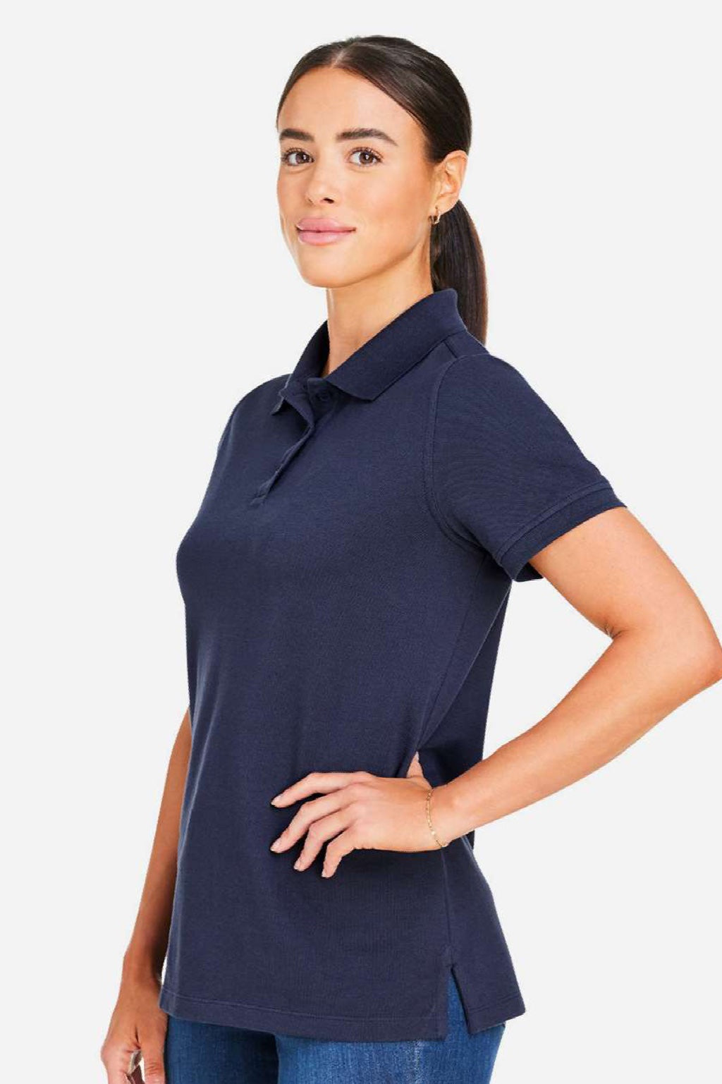 Harriton M205W Womens Valiant Snag Resistant Short Sleeve Polo Shirt Dark Navy Blue Model Side