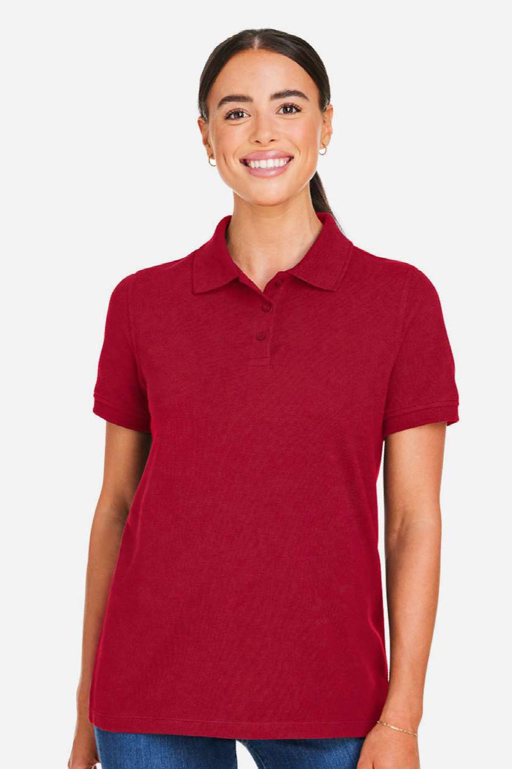 Harriton M205W Womens Valiant Snag Resistant Short Sleeve Polo Shirt Red Model Front