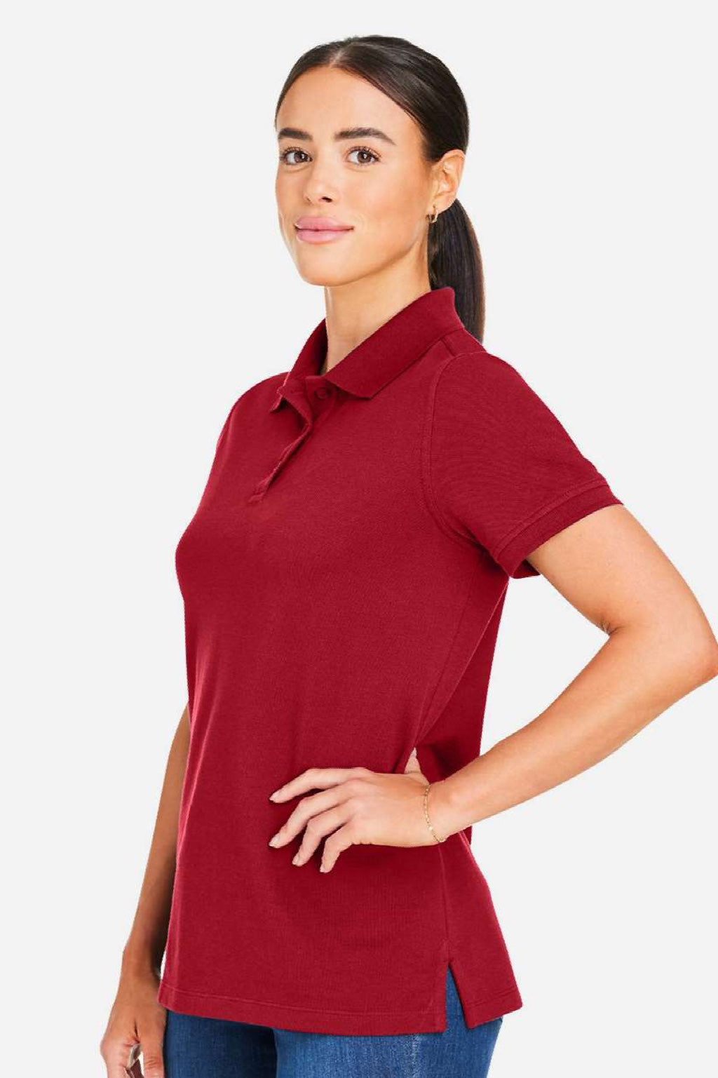 Harriton M205W Womens Valiant Snag Resistant Short Sleeve Polo Shirt Red Model Side