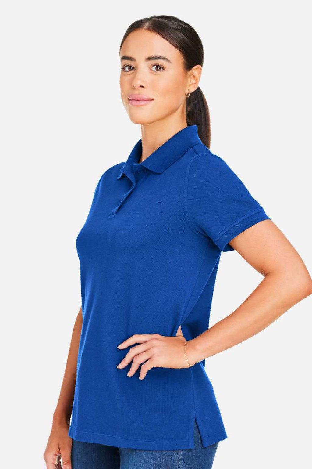 Harriton M205W Womens Valiant Snag Resistant Short Sleeve Polo Shirt True Royal Blue Model Side