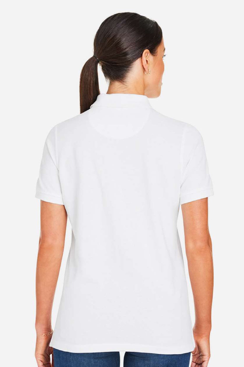 Harriton M205W Womens Valiant Snag Resistant Short Sleeve Polo Shirt White Model Back