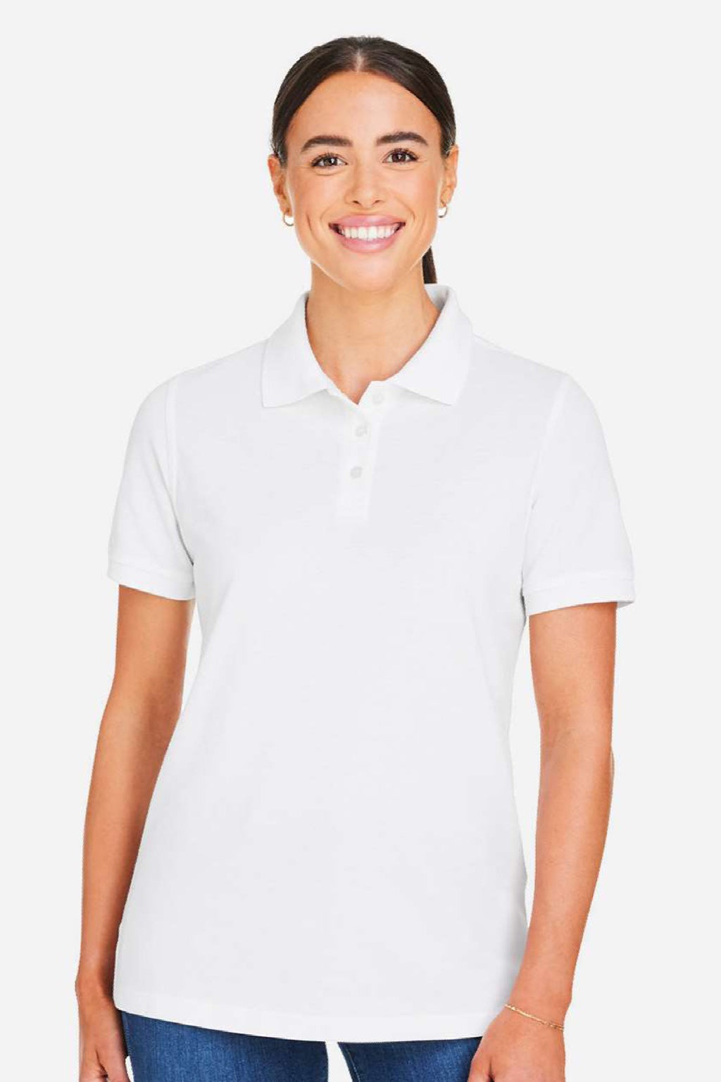 Harriton M205W Womens Valiant Snag Resistant Short Sleeve Polo Shirt White Model Front