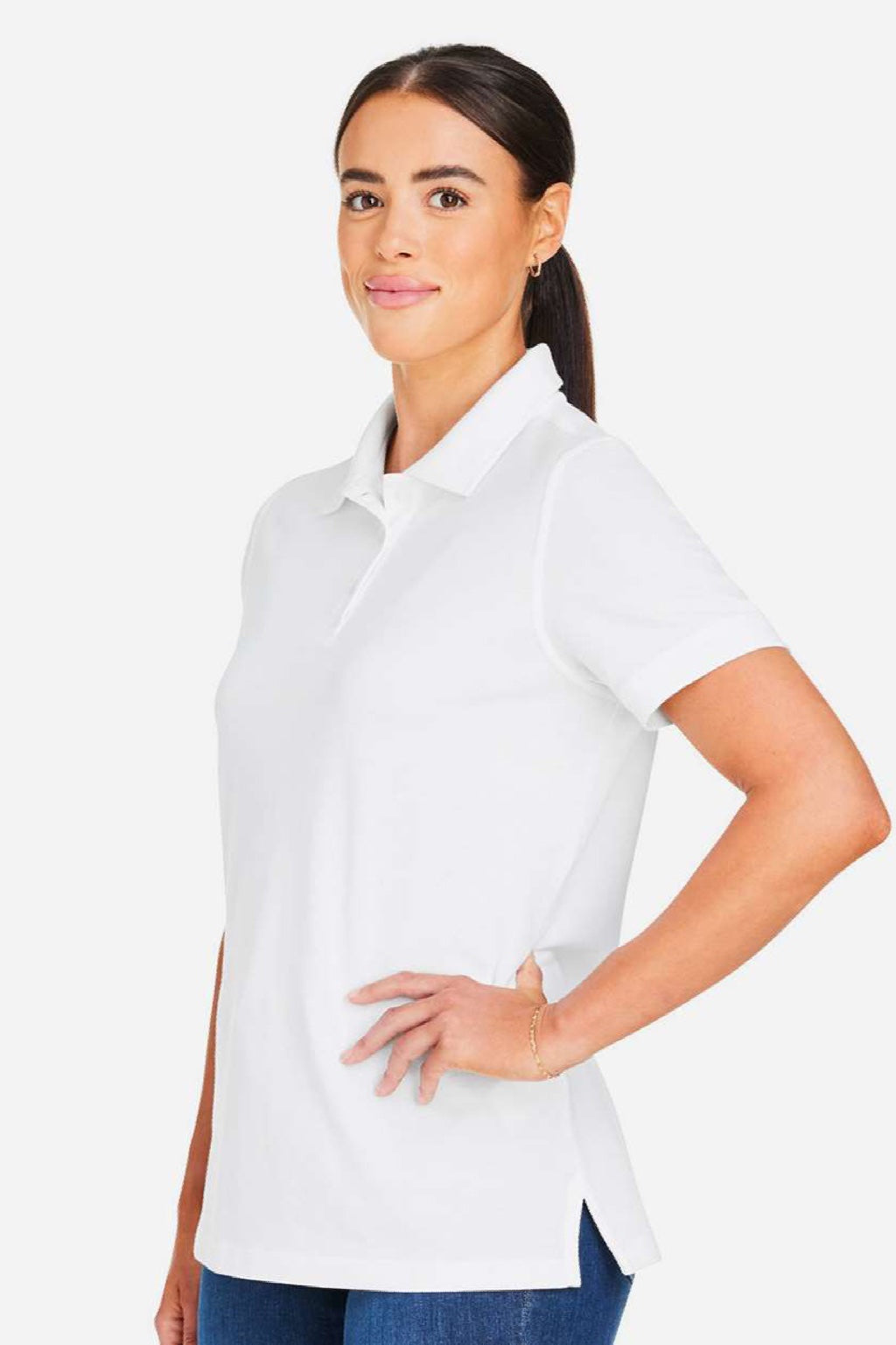 Harriton M205W Womens Valiant Snag Resistant Short Sleeve Polo Shirt White Model Side