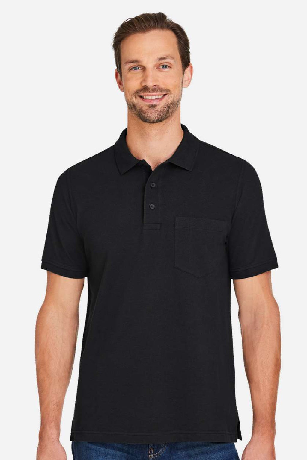 Harriton M205P Mens Valiant Snag Resistant Short Sleeve Polo Shirt w/ Pocket Black Model Front