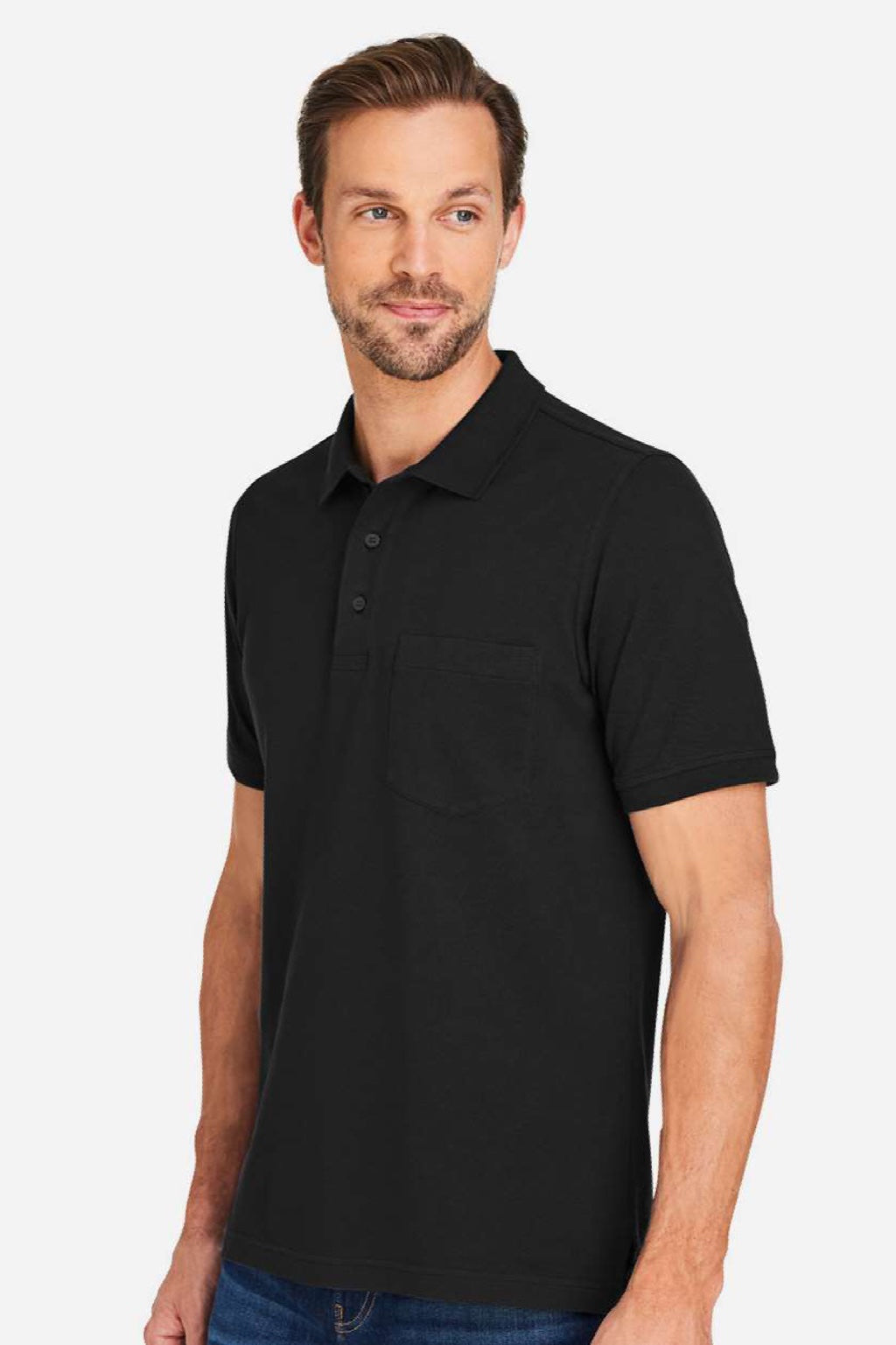 Harriton M205P Mens Valiant Snag Resistant Short Sleeve Polo Shirt w/ Pocket Black Model Side