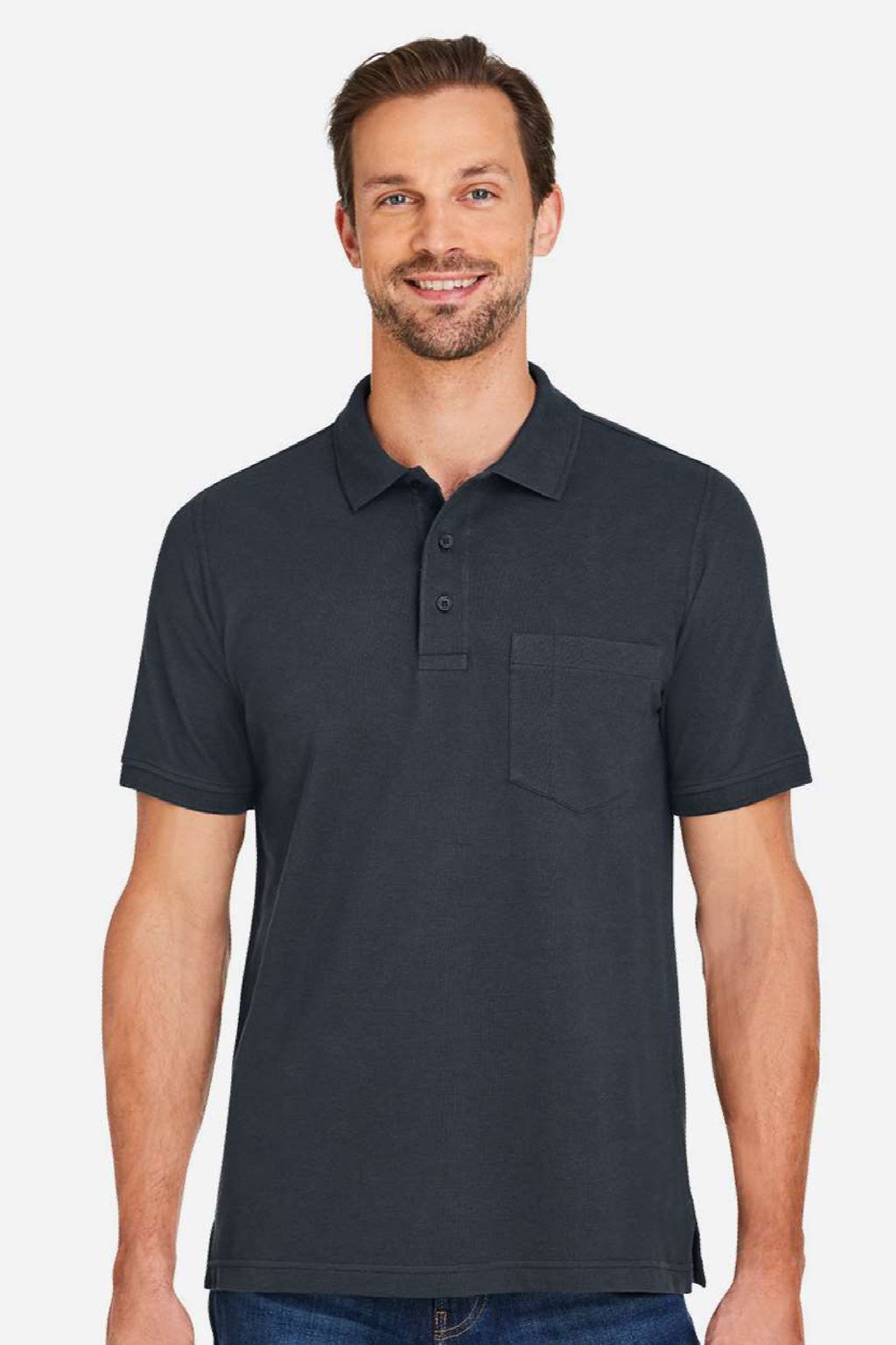 Harriton M205P Mens Valiant Snag Resistant Short Sleeve Polo Shirt w/ Pocket Dark Charcoal Grey Model Front