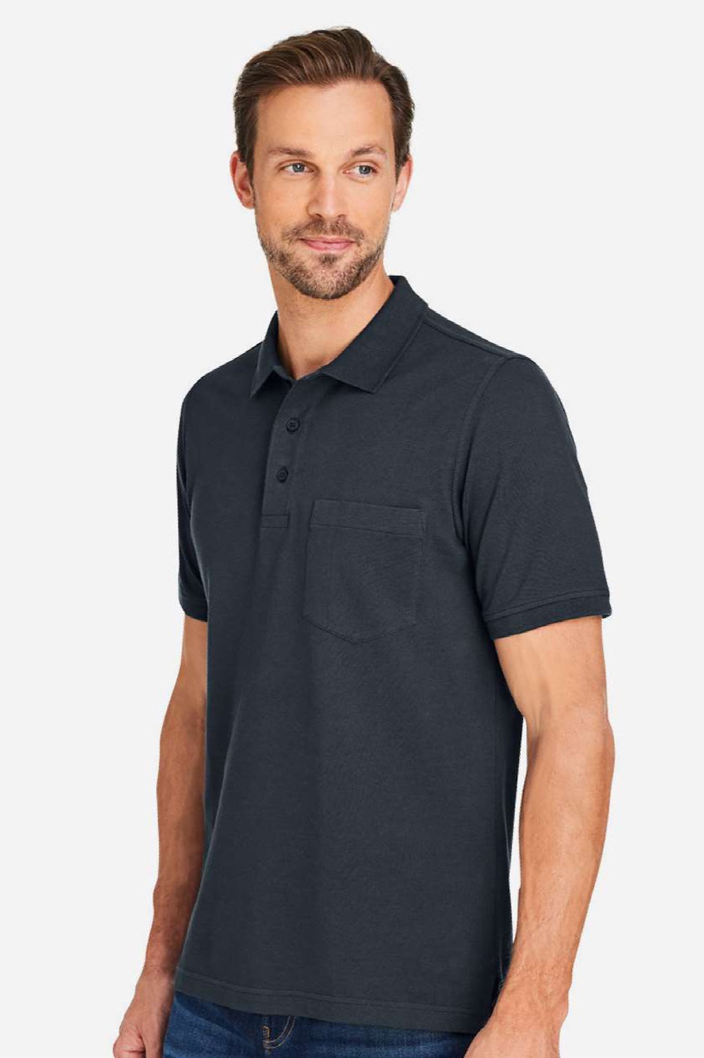 Harriton M205P Mens Valiant Snag Resistant Short Sleeve Polo Shirt w/ Pocket Dark Charcoal Grey Model Side