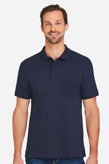 Harriton M205P Mens Valiant Snag Resistant Short Sleeve Polo Shirt w/ Pocket Dark Navy Blue Model Front