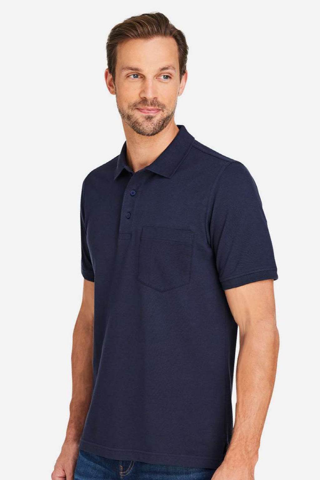 Harriton M205P Mens Valiant Snag Resistant Short Sleeve Polo Shirt w/ Pocket Dark Navy Blue Model Side