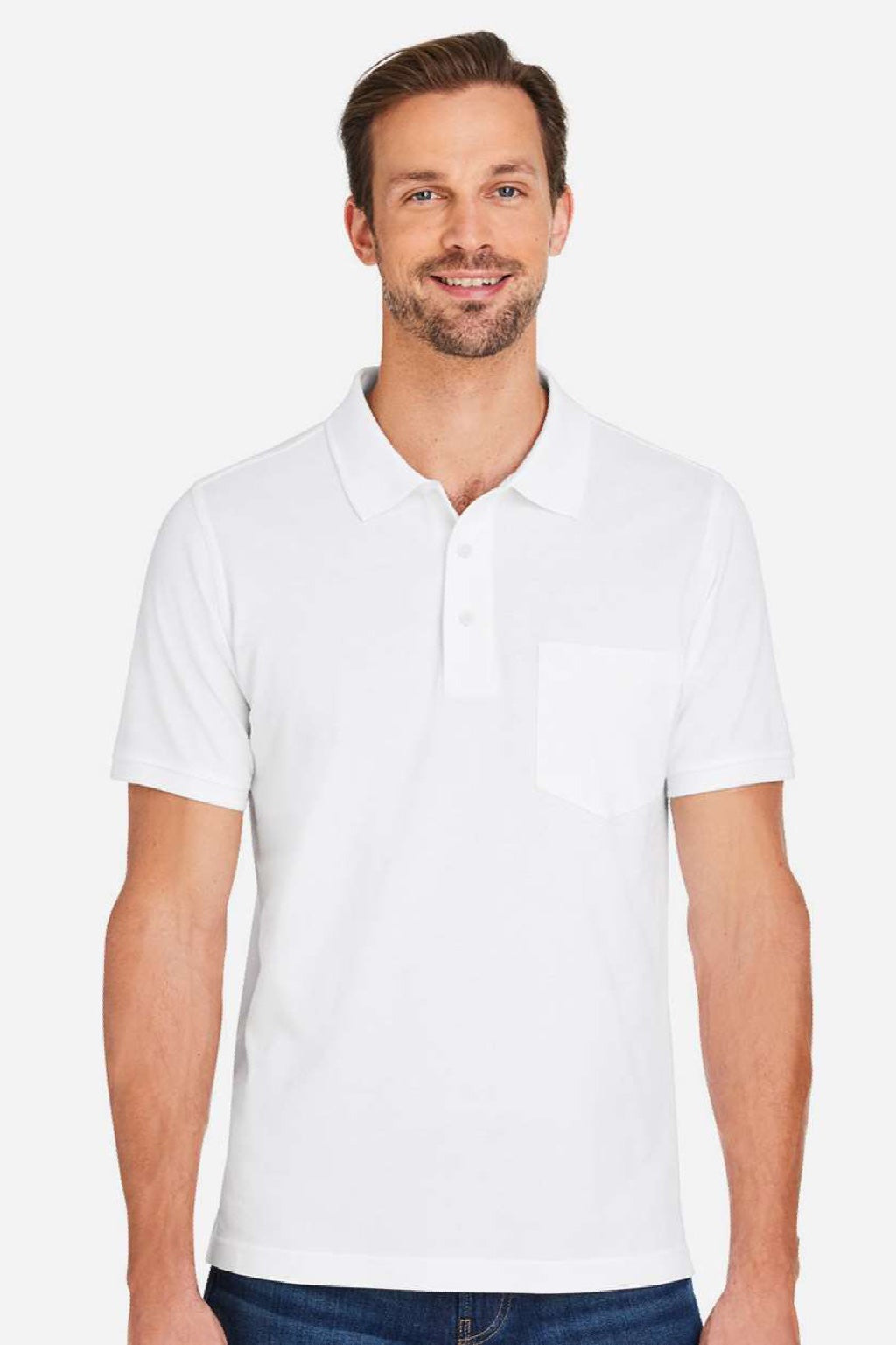 Harriton M205P Mens Valiant Snag Resistant Short Sleeve Polo Shirt w/ Pocket White Model Front