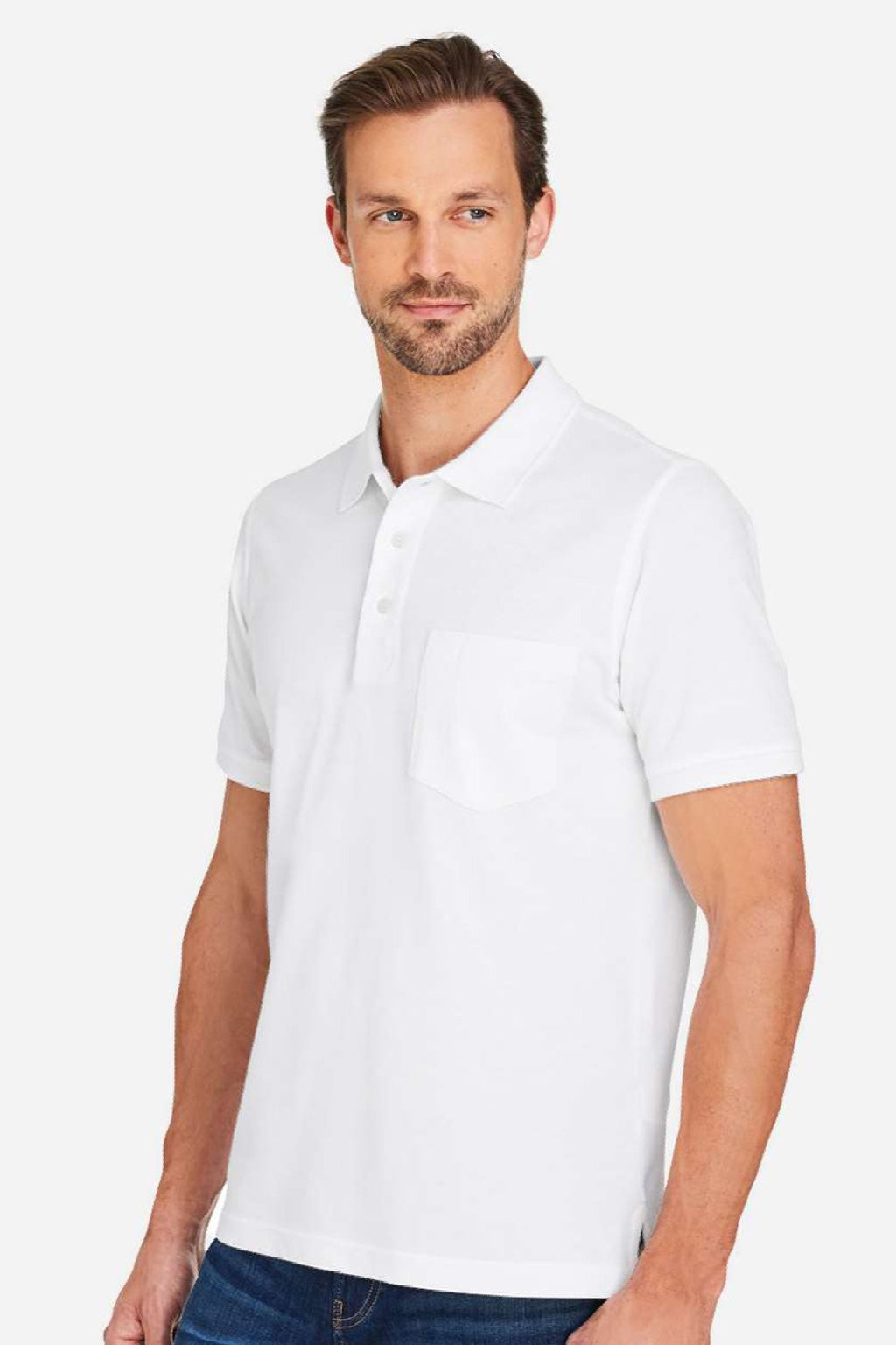 Harriton M205P Mens Valiant Snag Resistant Short Sleeve Polo Shirt w/ Pocket White Model Side