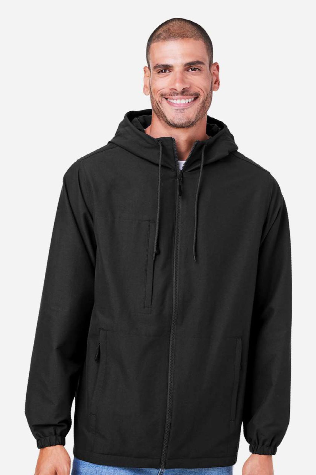 Harriton M73 Mens Flex Twill Full Zip Hooded Jacket Black Model Front