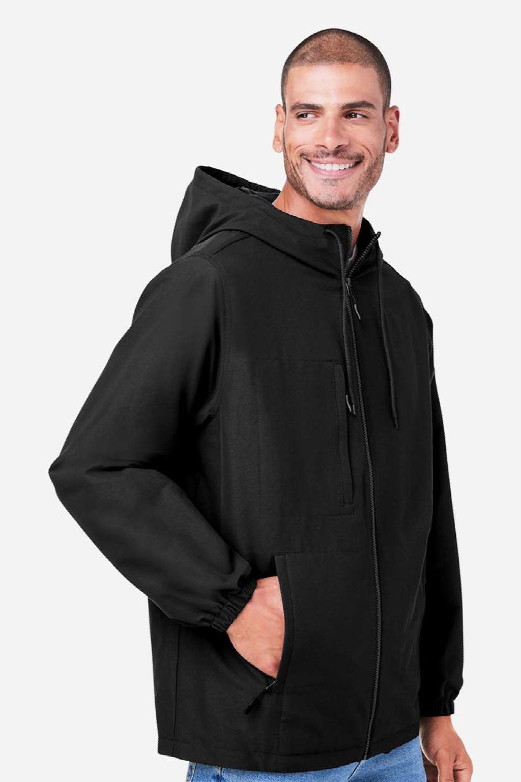 Harriton M73 Mens Flex Twill Full Zip Hooded Jacket Black Model Side