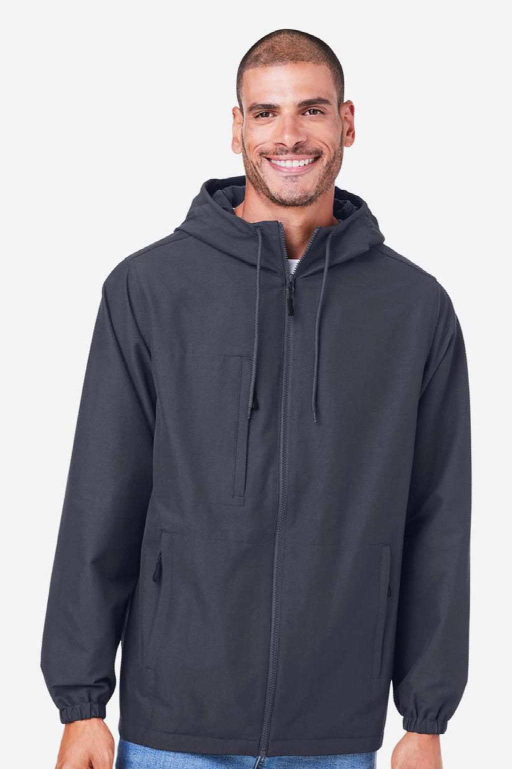 Harriton M73 Mens Flex Twill Full Zip Hooded Jacket Dark Charcoal Grey Model Front