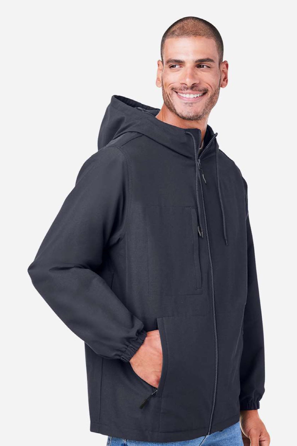 Harriton M73 Mens Flex Twill Full Zip Hooded Jacket Dark Charcoal Grey Model Side